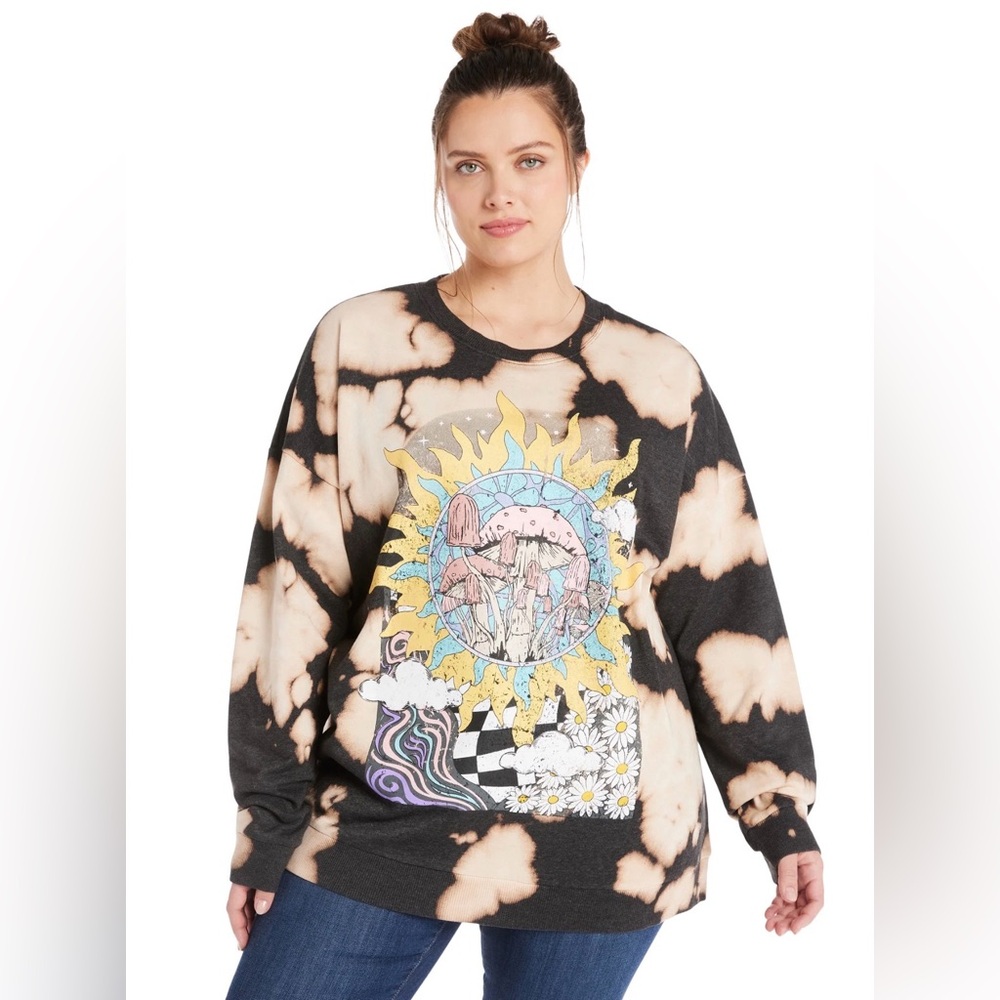 No Boundaries Mushroom Graphic Tie-Dye Sweatshirt 1x - Picture 1 of 11